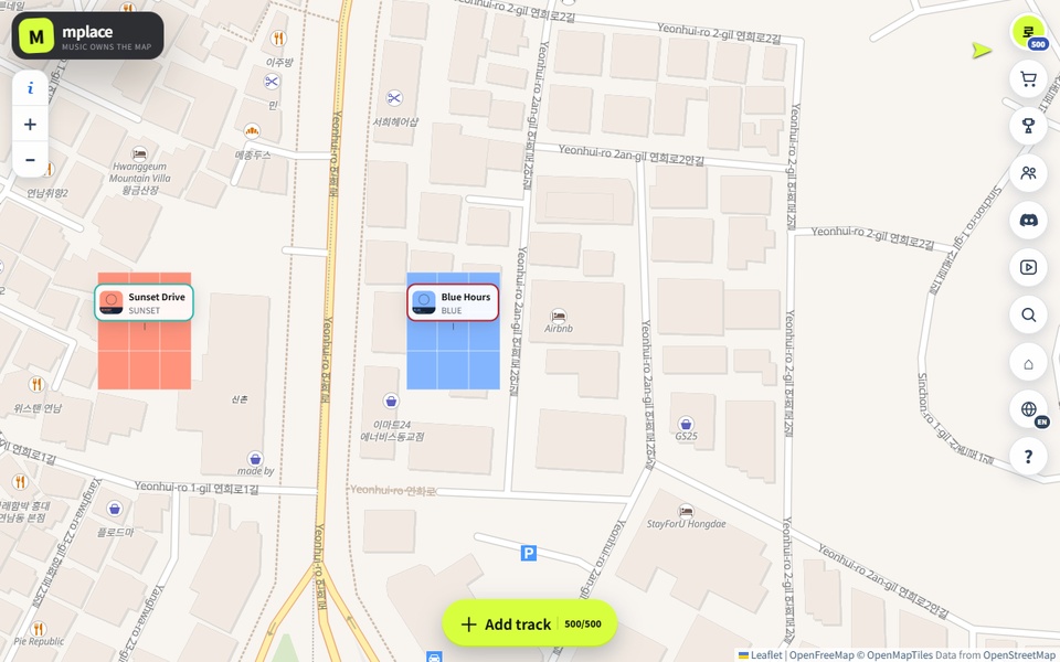 Two songs on the map. Play one, then click + to grow its pixel territory.